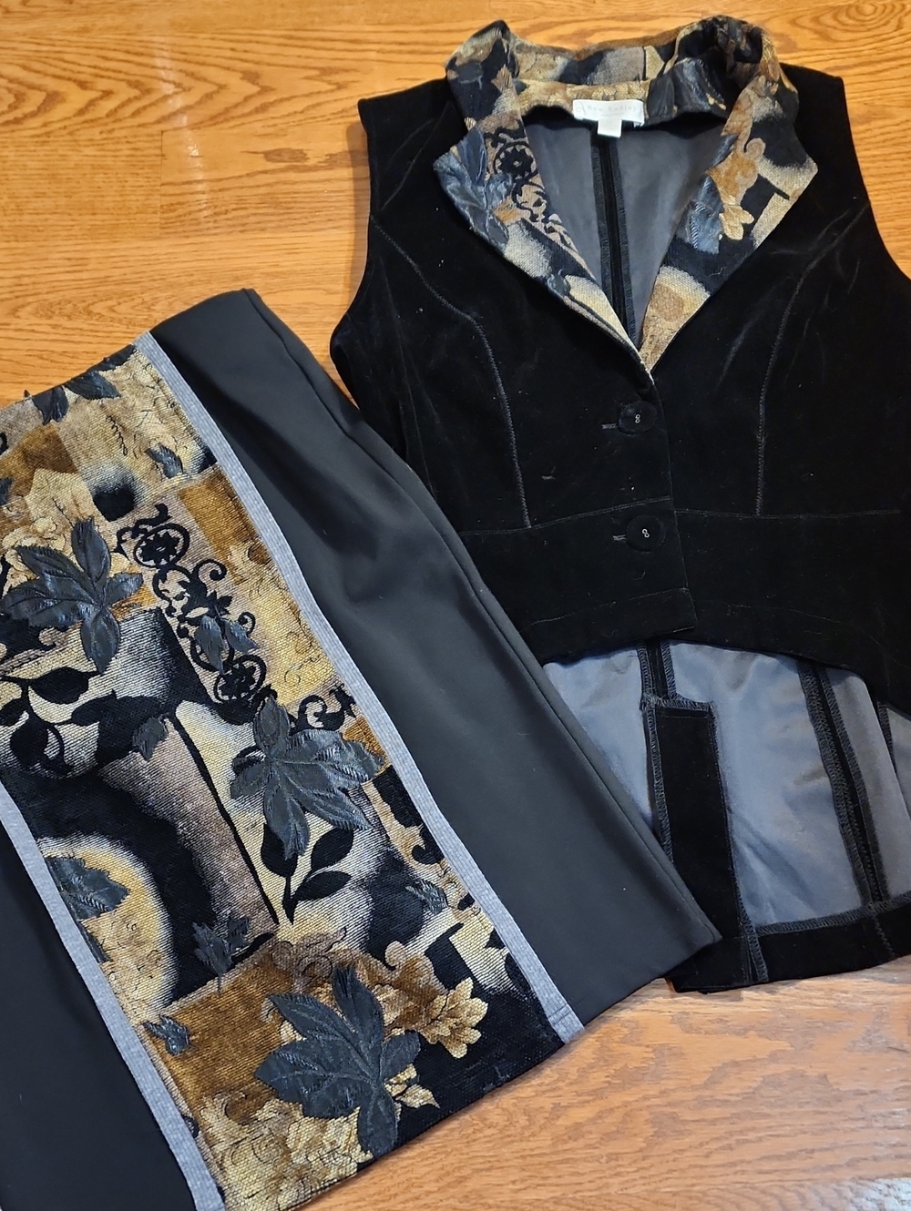 Boo Radley Velvet and Brocade Black & Gold Pencil Skirt Set Vest